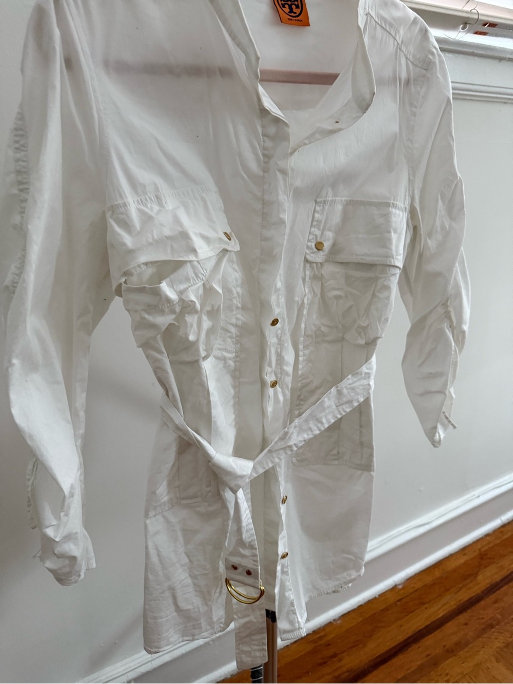 Tory Burch White Cargo Button Down Shirt with Belt